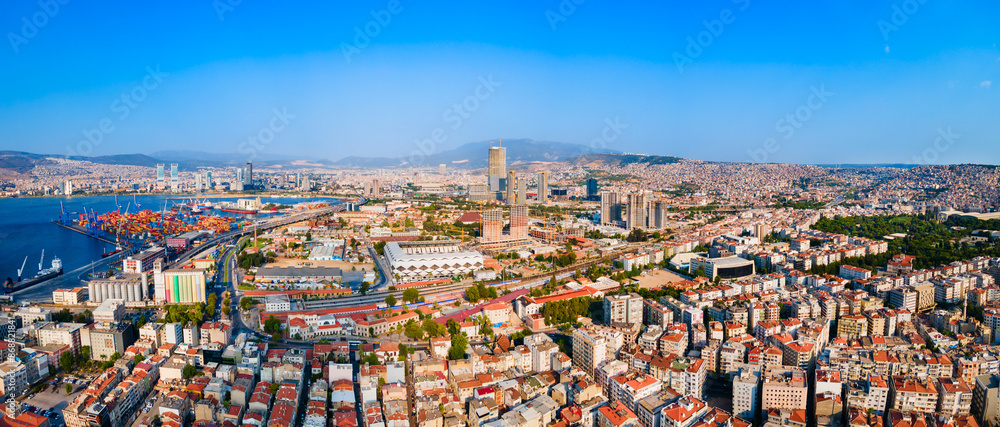 Fototapeta premium Izmir city centre aerial panoramic view in Turkey