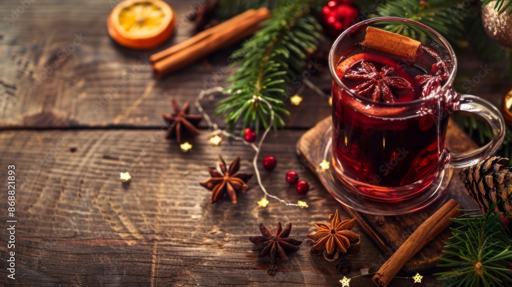 A warm glass of mulled wine with star anise, cinnamon sticks, and festive decorations including pine branches, berries, and orange slices on a rustic wooden table. A warm glass of mulled wine with star anise, cinnamon sticks, and festive decorations including pine branches, berries, and orange slices on a rustic wooden table.