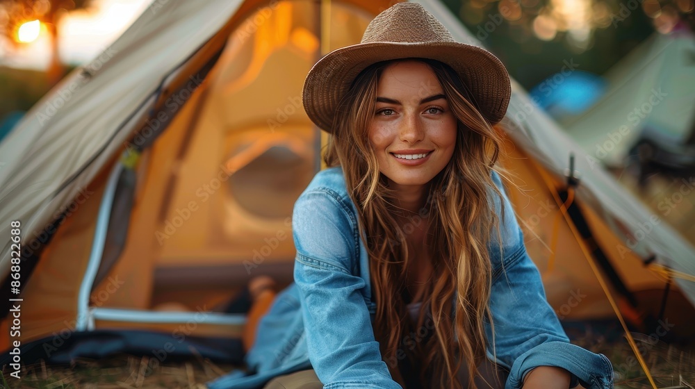 A young woman with a radiant smile sits in front of her tent during a camping trip at sunset, sporting a stylish hat and denim jacket, radiating joy and peace. A young woman with a radiant smile sits in front of her tent during a camping trip at sunset, sporting a stylish hat and denim jacket, radiating joy and peace.