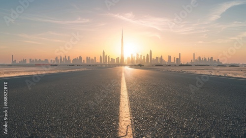 Sunrise Over Dubai Skyline with Empty Road