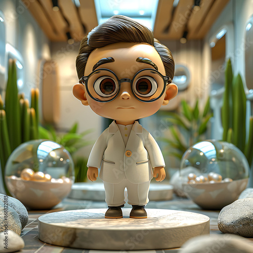 Businessman Futuristic Tradeshow 3D render of kawaii businessman minimalist tradeshow booth showcasing futuristic technology character designed cute Pixarinspired style soft rounded feature welcoming photo