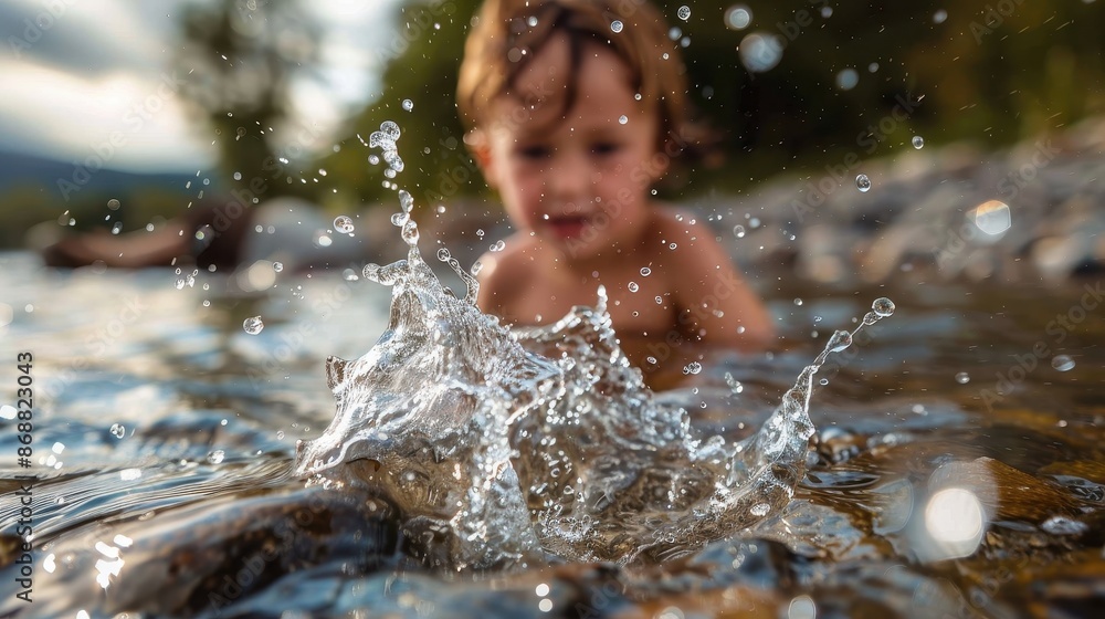 Obraz premium A happy child enjoys the moment, splashing water with enthusiasm by the river's edge, capturing a candid yet heartwarming scene filled with delight and energy.
