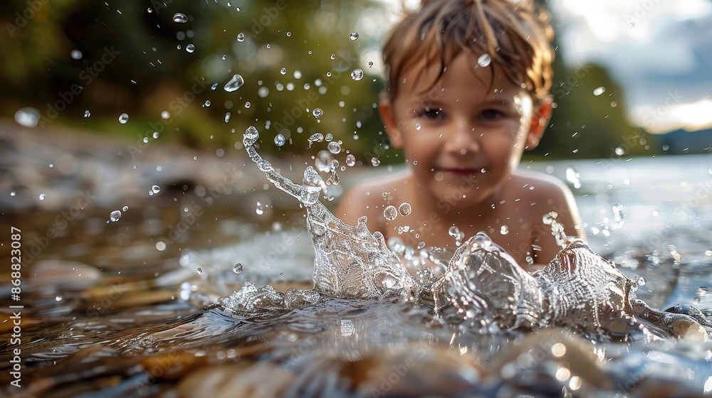 A playful child creates water splashes, expressing pure joy and carefree spirit, framed in the serene and natural setting of a sunny riverside during a bright day. A playful child creates water splashes, expressing pure joy and carefree spirit, framed in the serene and natural setting of a sunny riverside during a bright day.