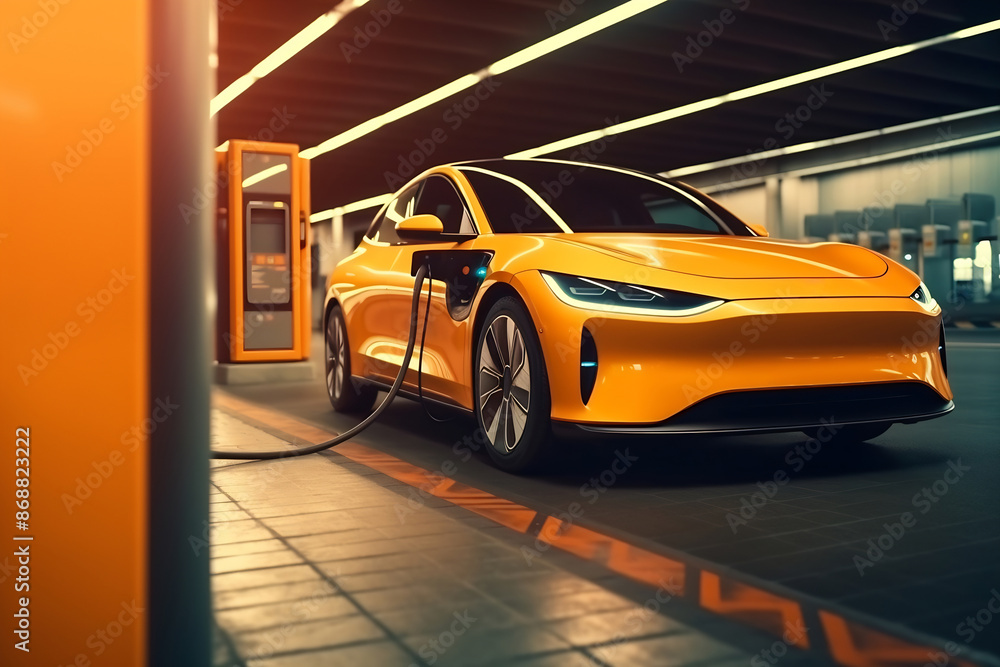 Obraz premium An electric vehicle or EV car at a charging station with the power cable supply plugged. Eco-friendly sustainable energy concept