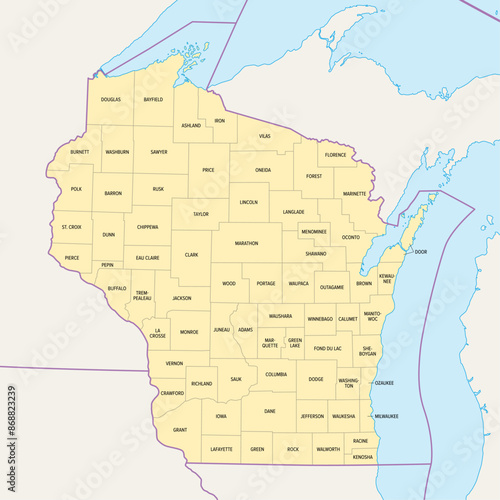 Wisconsin counties, political map. A state in the Great Lakes region of the Upper Midwest of the United States, subdivided into 72 counties. Map with boundaries and county names. Illustration. Vector