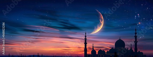 Crescent moon on dark blue dusk vertical over mosques dome well text present Religious of Islamic Ramadan Kareem, Eid al-Adha, new yearâ€™s Muharram, copy space - generative ai photo