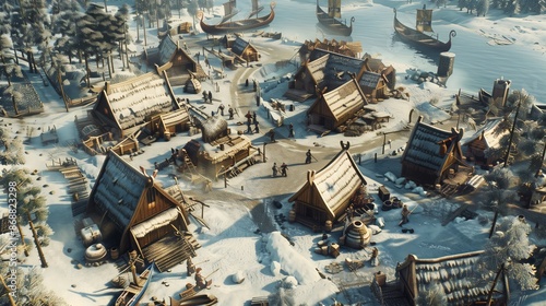 A bustling Viking village with warriors training, villagers bustling by rustic huts, longboats, and snowy vistas. photo