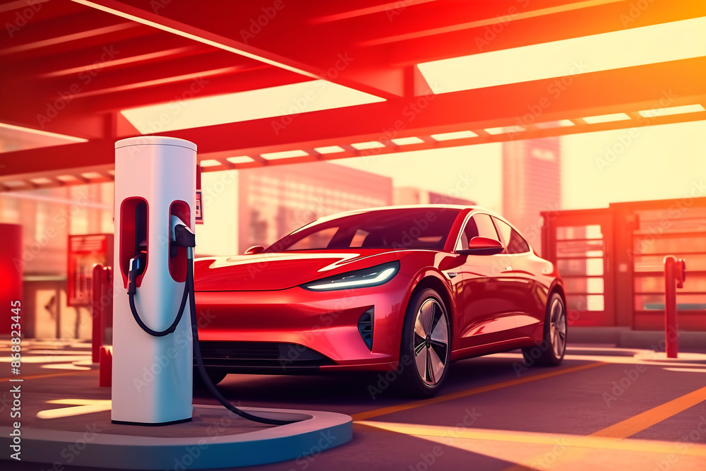 An electric vehicle or EV car at a charging station with the power cable supply plugged. Eco-friendly sustainable energy concept An electric vehicle or EV car at a charging station with the power cable supply plugged. Eco-friendly sustainable energy concept