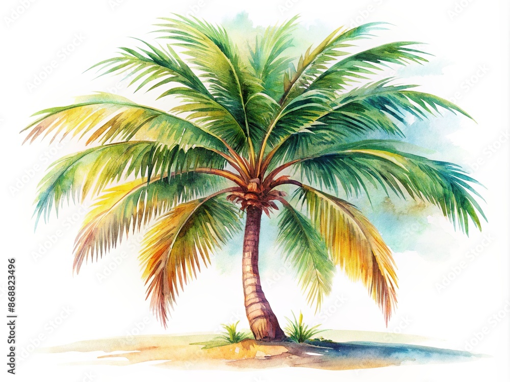 Fototapeta premium Vibrant watercolour illustration of a single palm tree on a transparent background, detailed with gentle brushstrokes and soft, blended colours, evoking a sense of tropical serenity.