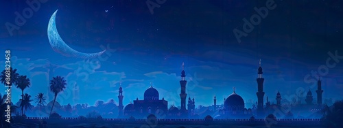 Crescent moon on dark blue dusk vertical over mosques dome well text present Religious of Islamic Ramadan Kareem, Eid al-Adha, new yearâ€™s Muharram, copy space - generative ai photo