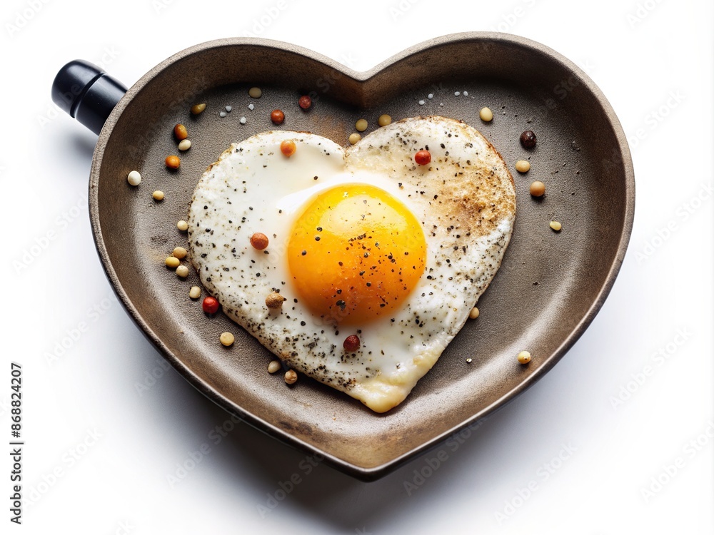 Golden fried egg shaped into a heart, sizzling on a non-stick pan, surrounded by a sprinkle of salt and pepper, against a plain white background. Golden fried egg shaped into a heart, sizzling on a non-stick pan, surrounded by a sprinkle of salt and pepper, against a plain white background.