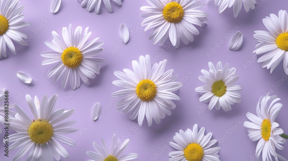 A beautiful flat lay arrangement of fresh white daisies with yellow centers on a light purple background, showcasing their natural beauty and simplicity in every detail. A beautiful flat lay arrangement of fresh white daisies with yellow centers on a light purple background, showcasing their natural beauty and simplicity in every detail.