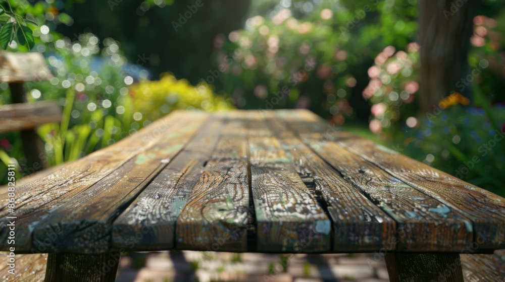 A weathered wooden table in the foreground with bokeh effect highlighting vibrant green foliage, blooming flowers, and sunlight in a picturesque garden setting. A weathered wooden table in the foreground with bokeh effect highlighting vibrant green foliage, blooming flowers, and sunlight in a picturesque garden setting.