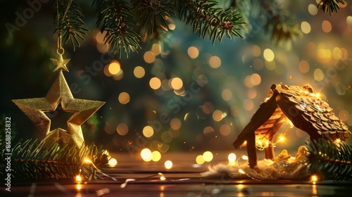 A serene Christmas scene showing a golden star ornament and an illuminated miniature nativity scene with bokeh lights, evoking festive warmth and holiday spirit.