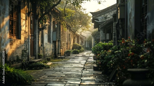 A serene and ancient cobblestone street at sunrise, dotted with lush greenery and traditional architecture that evokes feelings of tranquility and nostalgia.