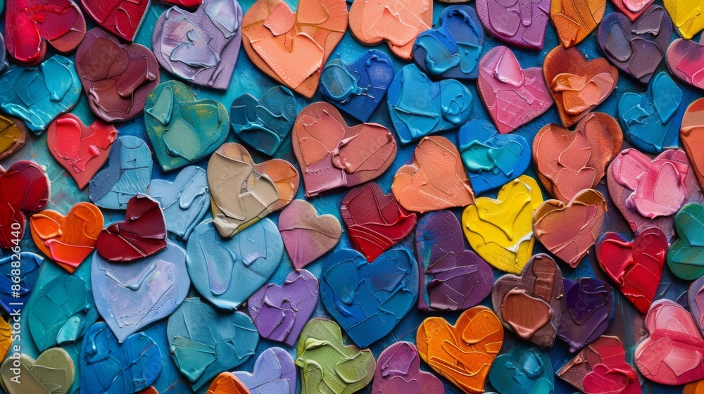 Array of colorful, textured heart shapes in a chaotic yet vibrant arrangement, showcasing a blend of emotional expression and artistic creativity through vivid hues and textures. Array of colorful, textured heart shapes in a chaotic yet vibrant arrangement, showcasing a blend of emotional expression and artistic creativity through vivid hues and textures.