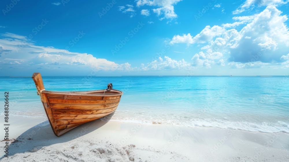 This image captures a tranquil scene of a single wooden boat resting on a pristine white sandy beach under a clear blue sky, evoking a sense of peace and solitude. This image captures a tranquil scene of a single wooden boat resting on a pristine white sandy beach under a clear blue sky, evoking a sense of peace and solitude.