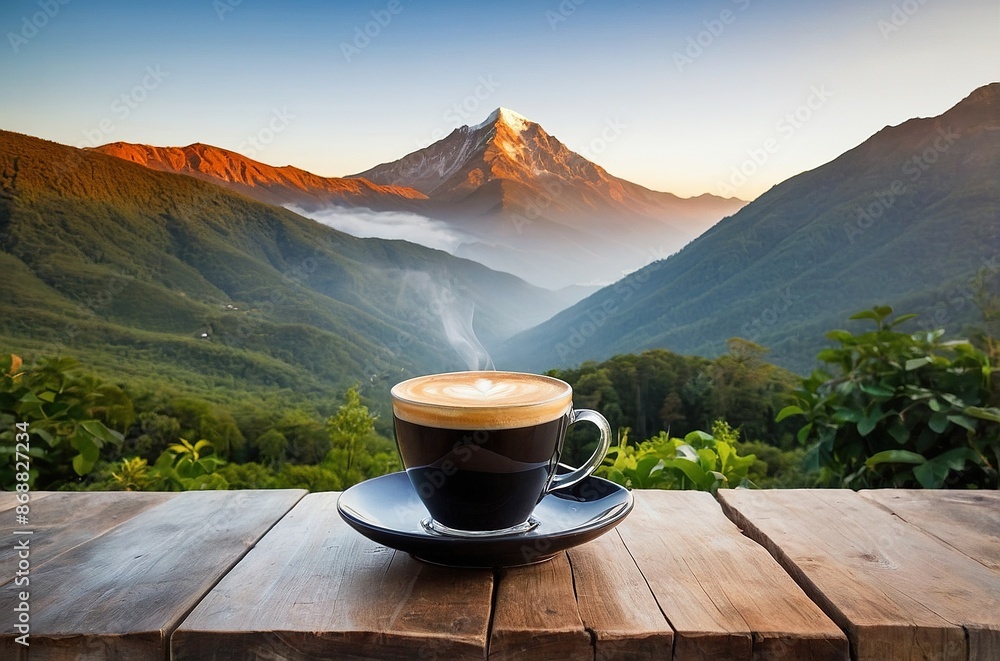 coffee on wooden table and beautiful view of mountain landscape coffee on wooden table and beautiful view of mountain landscape