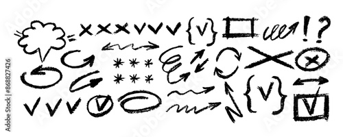 Collection organic grunge bold shapes, curved arrows and geometric shapes. Geometric vector set in Memphis style. Grunge swirled brush stroke, curly and straight lines. Hand drawn geometric pattern.