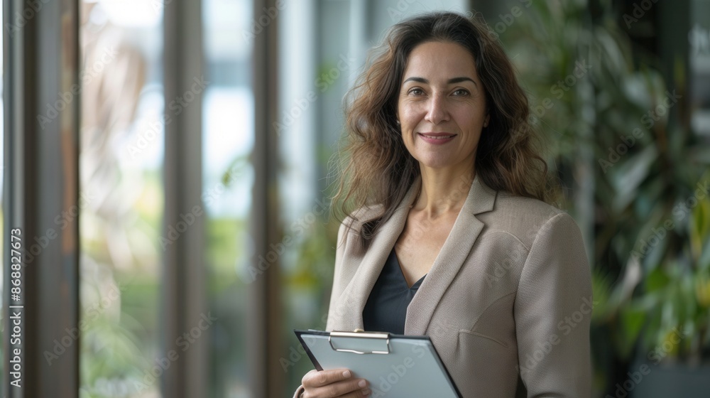 A smiling, confident middle-aged businesswoman stands in an office, holding a clipboard. She is wearing a professional suit and looking directly at the camera. Generative AI A smiling, confident middle-aged businesswoman stands in an office, holding a clipboard. She is wearing a professional suit and looking directly at the camera. Generative AI