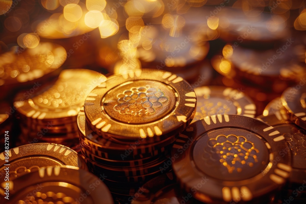 A stack of gold poker chips, perfect for casino or gaming themed designs A stack of gold poker chips, perfect for casino or gaming themed designs