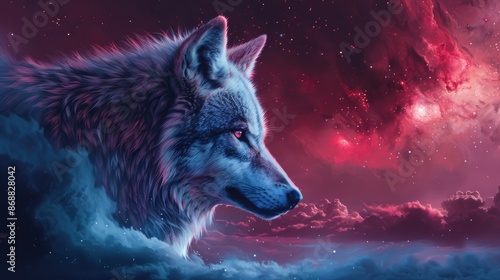 A majestic wolf emerges from the clouds against a cosmic, starry nightscape, suggesting a blend of nature and the mystical elements of the universe. © Katarina