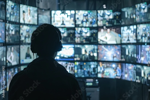 Sec. operator in headphones watches live feed from multiple cameras, showcasing AI-driven security system. Generative AI © Azhorov