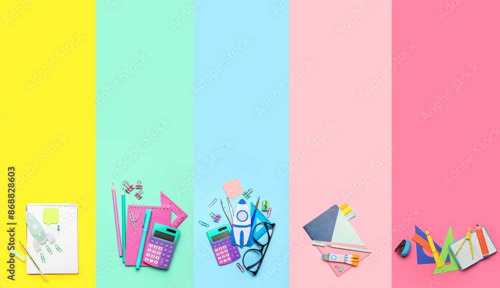 Paper rocket with school stationery on yellow background Paper rocket with school stationery on yellow background