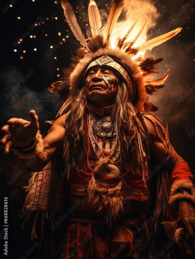 a tribal shaman in ceremonial dress, performing a ritual dance around a fire under a starlit sky a tribal shaman in ceremonial dress, performing a ritual dance around a fire under a starlit sky