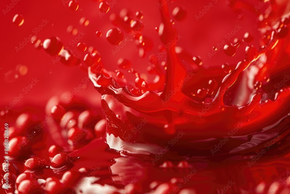 A drop of red liquid sits on a red surface, suitable for use in medical or scientific contexts A drop of red liquid sits on a red surface, suitable for use in medical or scientific contexts
