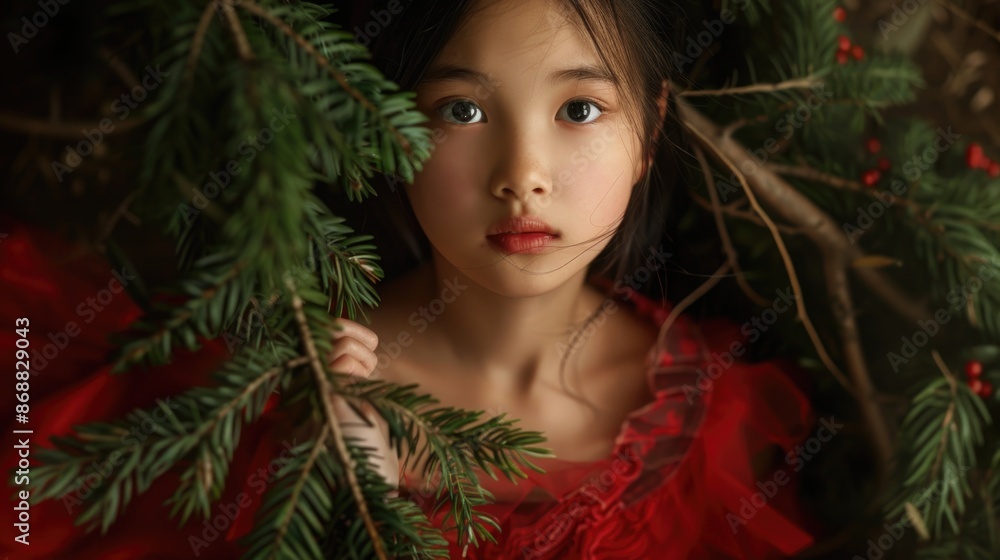 A young girl holds a pine branch in her hand, wearing a bright red dress A young girl holds a pine branch in her hand, wearing a bright red dress