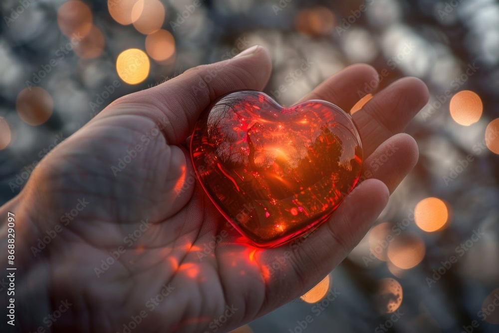 A person grasping a radiant heart-shaped light, perfect for Valentine's Day or any romantic occasion