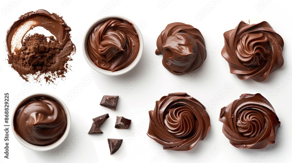Small bowls filled with a variety of chocolate frostings, perfect for decorating cakes and cupcakes Small bowls filled with a variety of chocolate frostings, perfect for decorating cakes and cupcakes