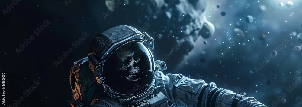Human skeleton skull in spacesuit astronaut flying in space wallpaper background Human skeleton skull in spacesuit astronaut flying in space wallpaper background