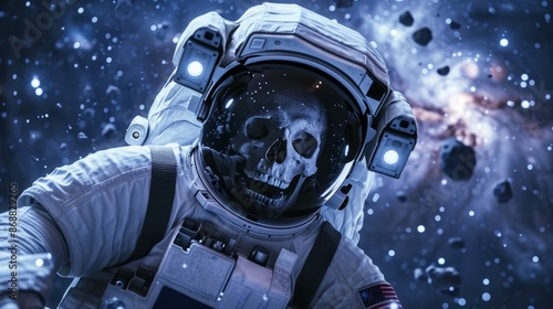 Human skeleton skull in spacesuit astronaut flying in space wallpaper background