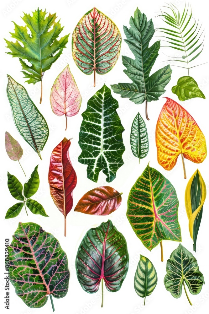 A close-up shot of variously colored leaves against a white background A close-up shot of variously colored leaves against a white background