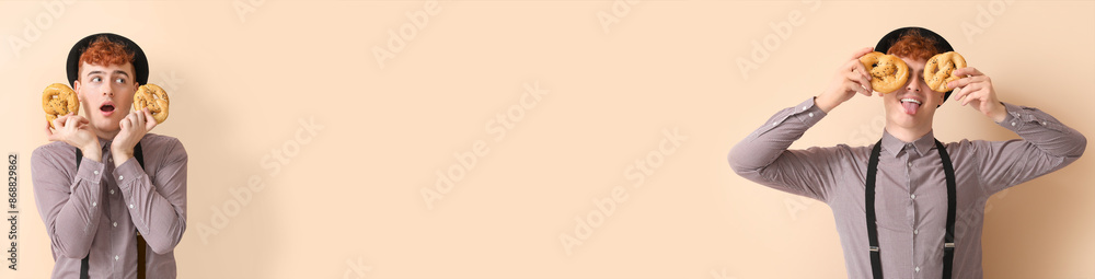 Surprised young man in traditional German clothes with pretzels on beige background Surprised young man in traditional German clothes with pretzels on beige background