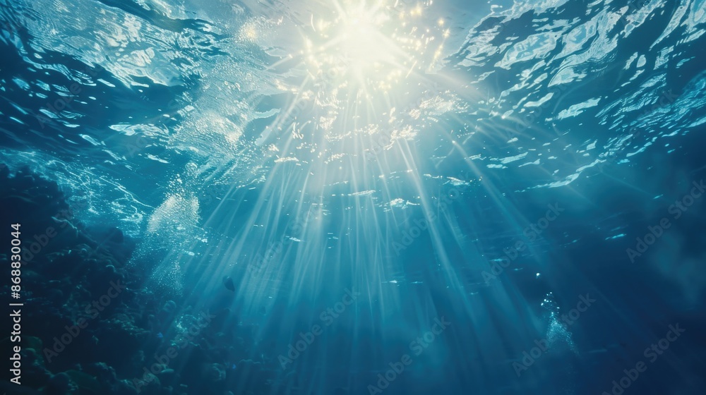 The sun shining down on the calm water's surface The sun shining down on the calm water's surface