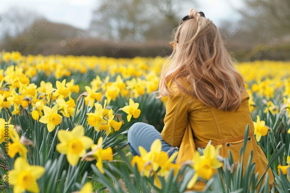 A woman sitting amidst a bright and colorful field of yellow flowers A woman sitting amidst a bright and colorful field of yellow flowers