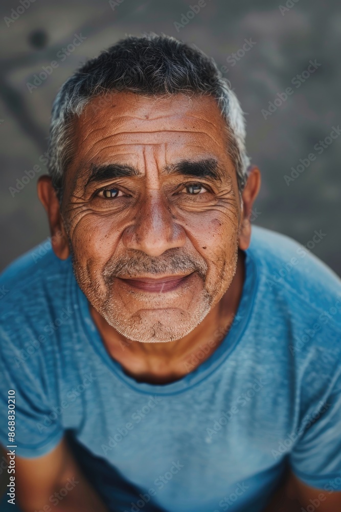 Man in blue shirt looking at camera Man in blue shirt looking at camera
