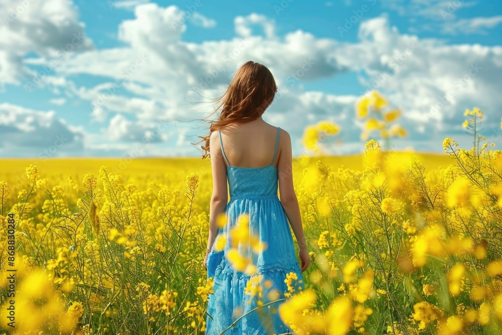 A woman stands in a bright yellow flower field, surrounded by blooming flowers and sunshine A woman stands in a bright yellow flower field, surrounded by blooming flowers and sunshine