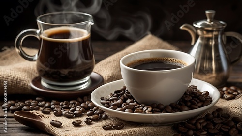 Two cups of coffee, one steaming, with coffee beans and burlap on a wooden table. Perfect for coffee shop promotions.