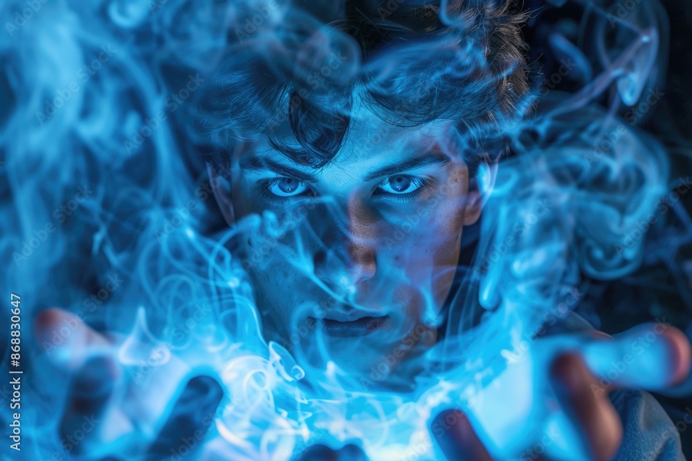 A person holding a bright blue mist-like object, possibly a magical or mystical element A person holding a bright blue mist-like object, possibly a magical or mystical element