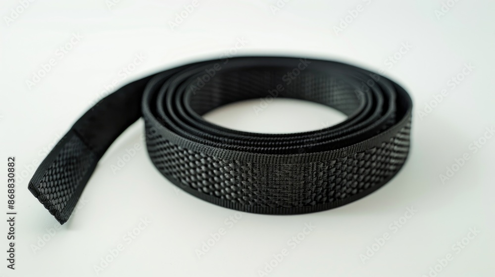 A close-up shot of a black belt lying on a white background A close-up shot of a black belt lying on a white background