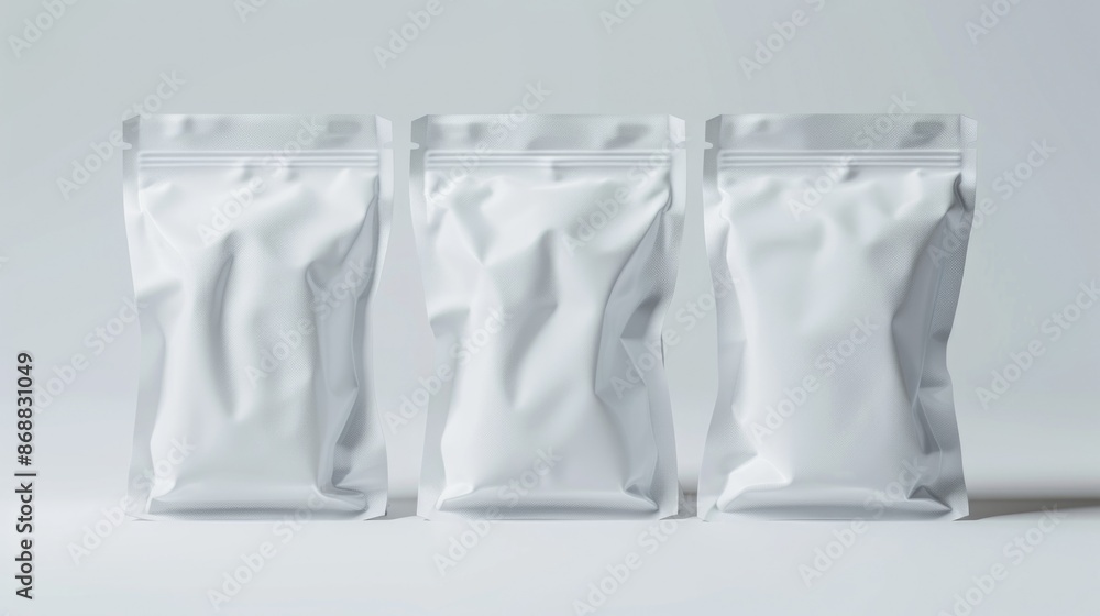 A collection of three white bags placed on a table, suitable for use in commercial or lifestyle settings A collection of three white bags placed on a table, suitable for use in commercial or lifestyle settings