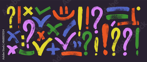 Hand drawn colorful various punctuation signs, check marks, exclamation and question marks, brackets. Brush drawn bold sign collection. Doodle grunge style underline elements and rough symbols.