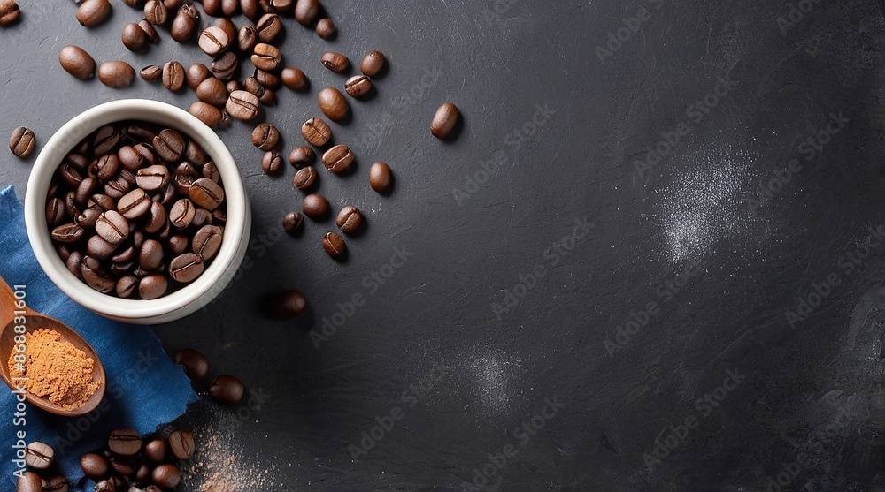 A cup of coffee and coffee beans on the table, Copy space of your text. A cup of coffee and coffee beans on the table, Copy space of your text.