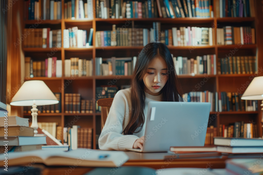 Asian female student engaged in e-learning on laptop studying in library against the background of bookshelves
Asian female student engaged in e-learning on laptop studying in library against the background of bookshelves