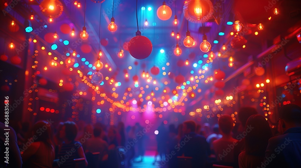 Blurred Festival Event Party Backgrounds with Hipster People and String Lights, Blurred Festival Event Party Backgrounds with Hipster People and String Lights,