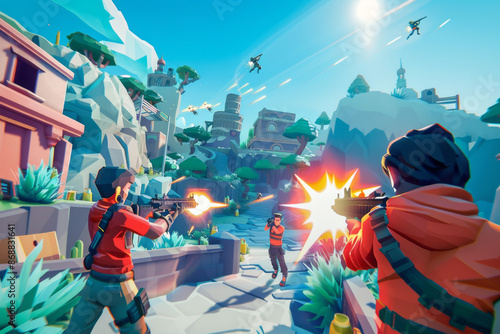 Video game mockup, first person shooter gameplay. Cover of an action game or shooter

